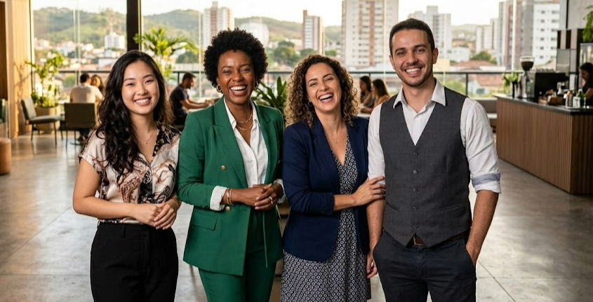 grupo de amigos sorrindo em um restaurante